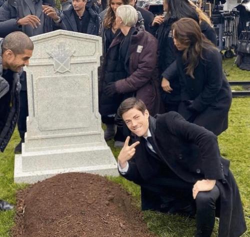 Grant Gustin over grave meme template