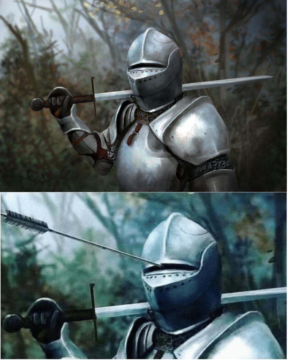 Knight with arrow in helmet meme template
