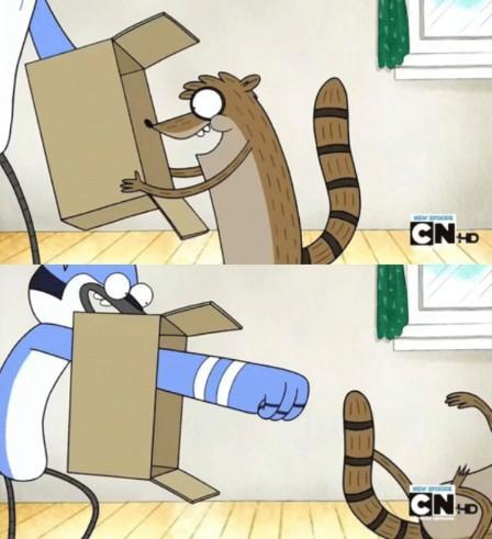 Mordecai Punches Rigby Through a Box meme template