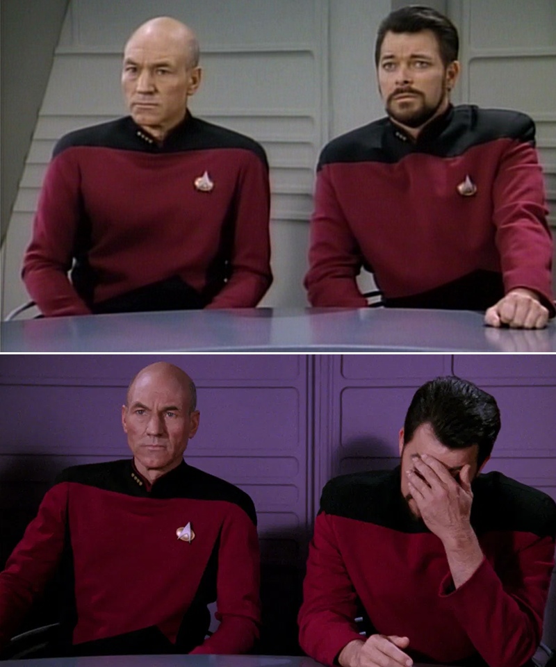Picard Riker listening to a pun meme template