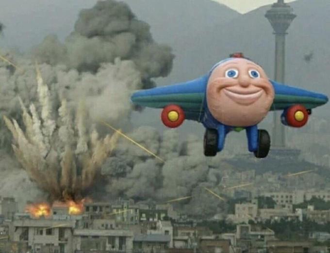Plane flying from explosions meme template