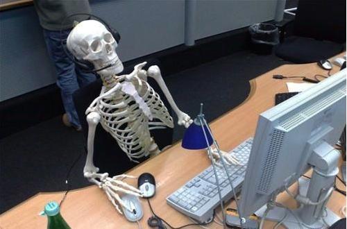 Skeleton at desk/computer/work meme template