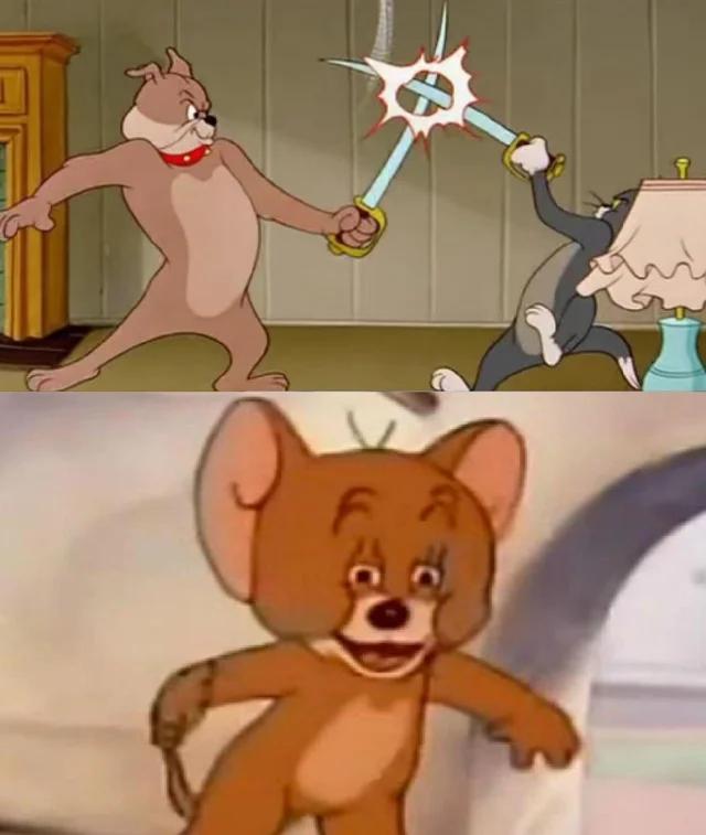 Tom and Spike fighting meme template